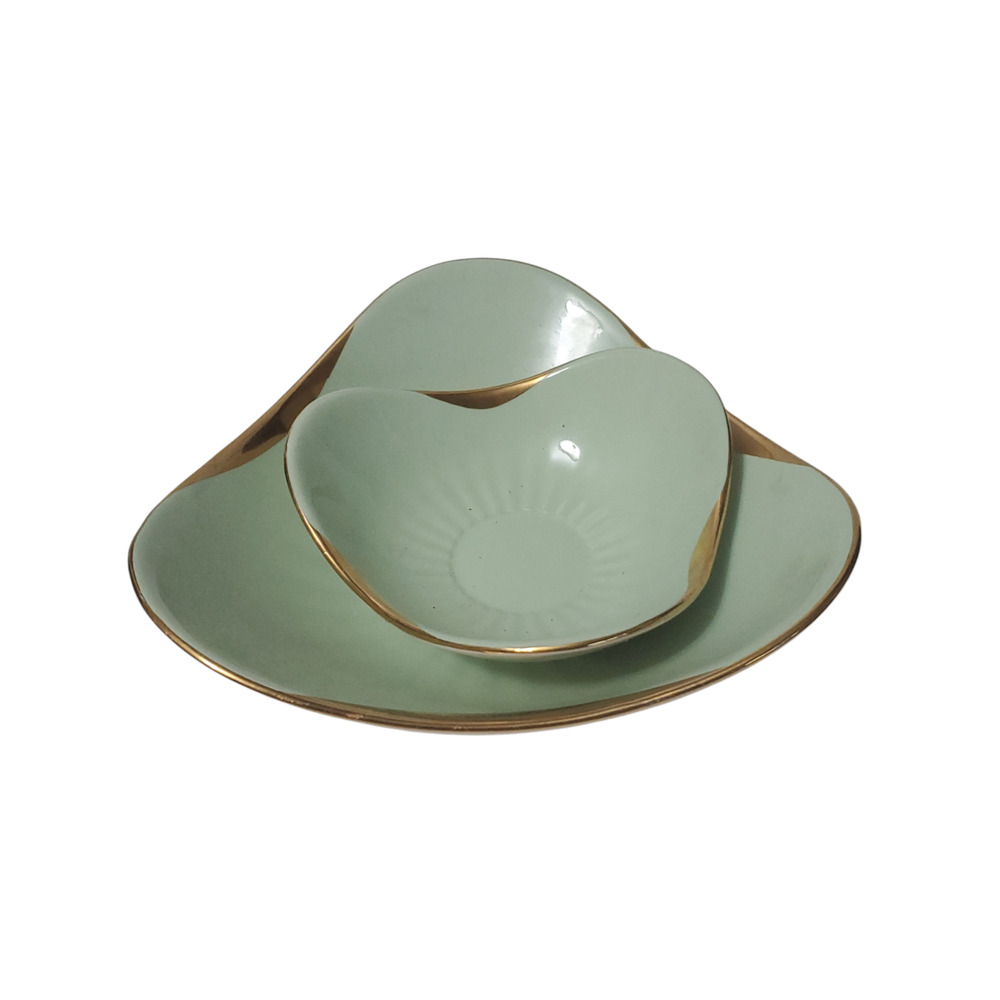 2 Pc Vintage Figgjo Flint Norway Mint Green Pastel Nesting Bowls Gold Trim